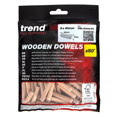 Trend 8 x 40mm Wooden Dowels