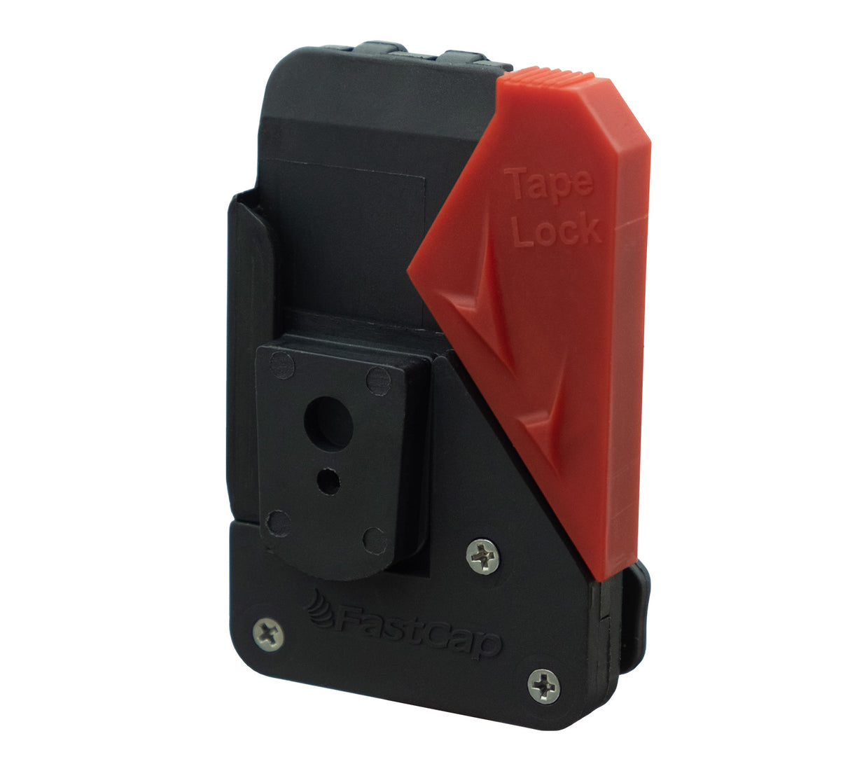 Black and red tape lock device on a white background