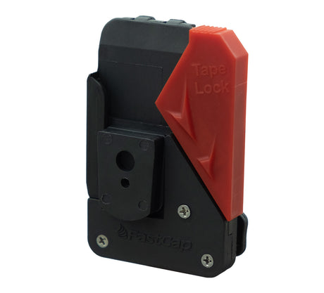 Black and red tape lock device on a white background