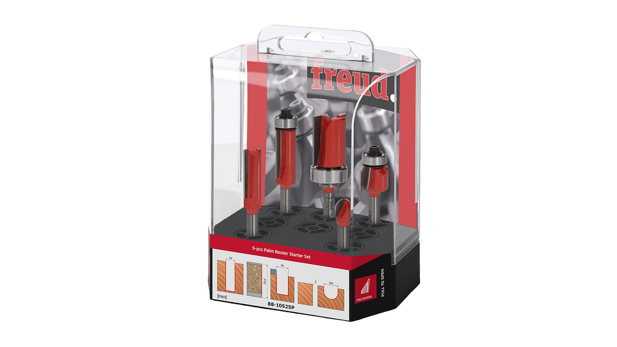 Freud 5-Piece Trim Router Starter Set 1/4in Shank Bits top view packed on white background
