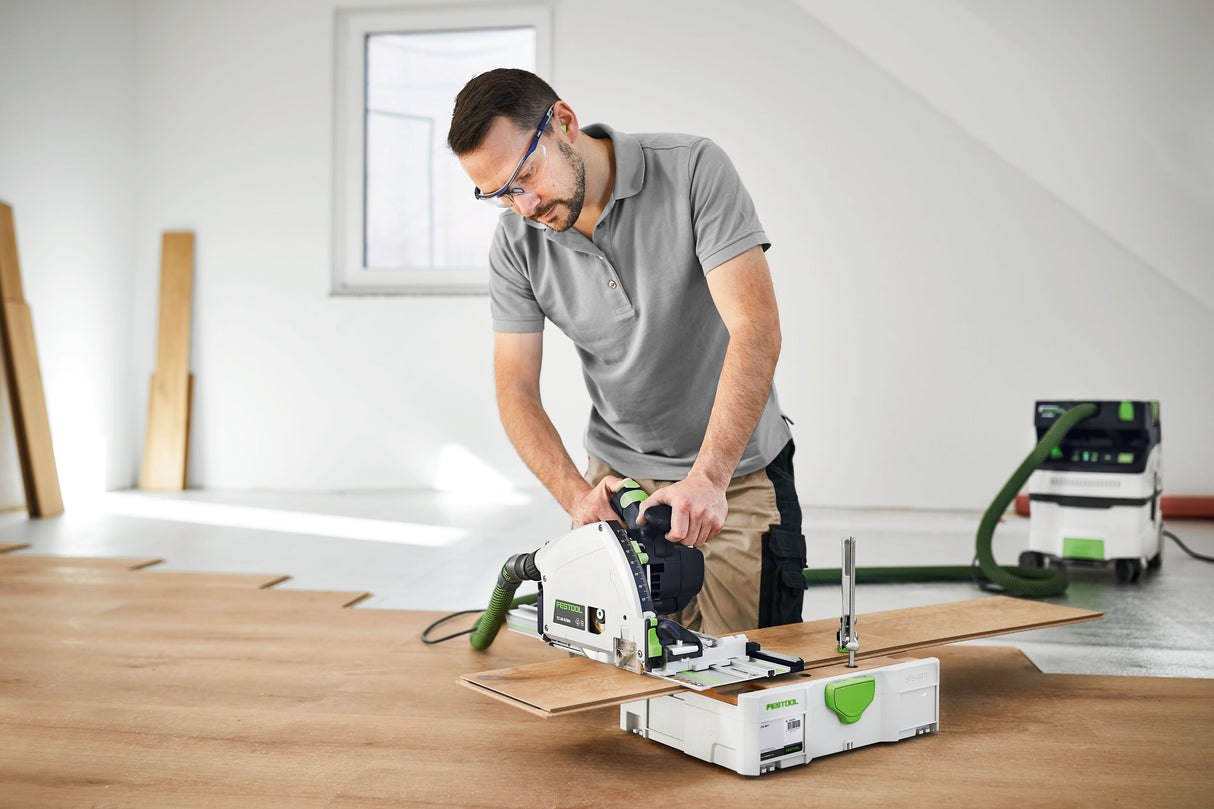 Festool TS 60K plunge cut saw with 100 Year Limited Edition Systainer and rail on workbench