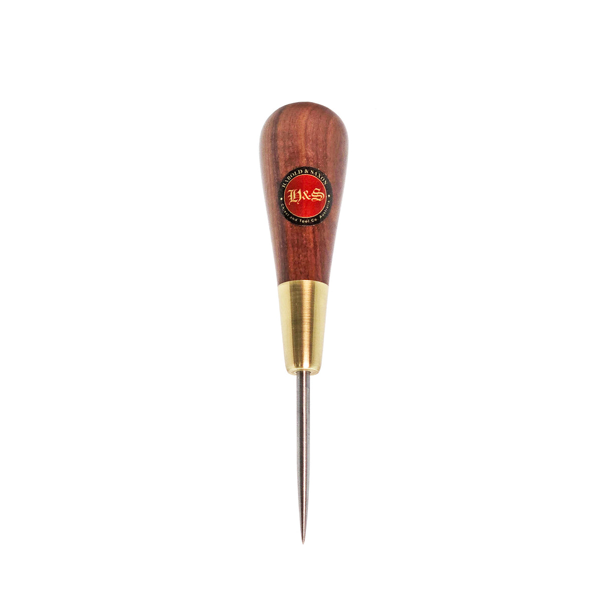 Harold & Saxon Pocket Scratch Awl 135mm HSS Gidgee Handle angled view showing craftsmanship Australia-made tool