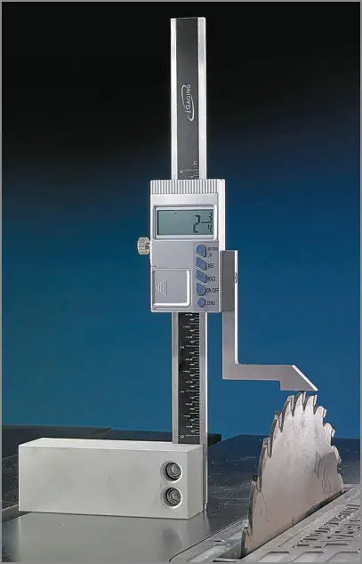 iGaging MiniMag Digital Height Gauge Magnetic Base 150mm Measuring Capacity in use on a saw blade