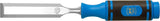 Wood chisel with blue and black handle and metal blade on a black background