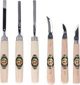 Set of six wood carving tools with wooden handles and metal blades on a white background.