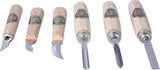 Set of six wood carving tools with wooden handles on a white background