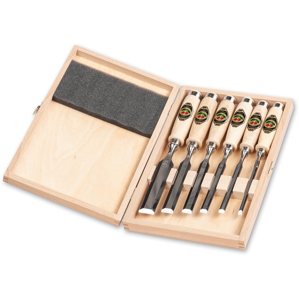 Kirschen Two Cherries Firmer Chisels Bevel Edge Set of 6 with Wooden Handles in Wooden Case