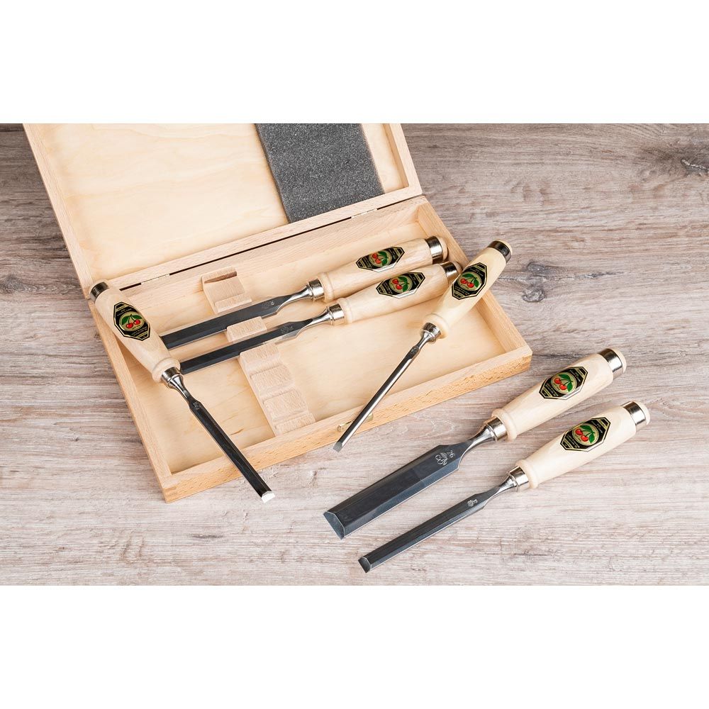 Kirschen Two Cherries Firmer Chisels Bevel Edge Set of 6 with Wooden Handles in Wooden Case