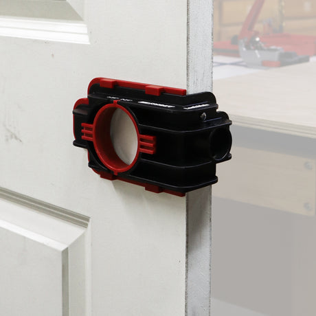 Milescraft LockMate Lock & Knob Installation Jig in use on door for easy DIY installation