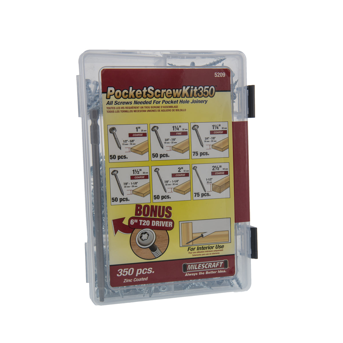 Milescraft PocketScrewKit350 T20 Pocket Screws includes Star Driver