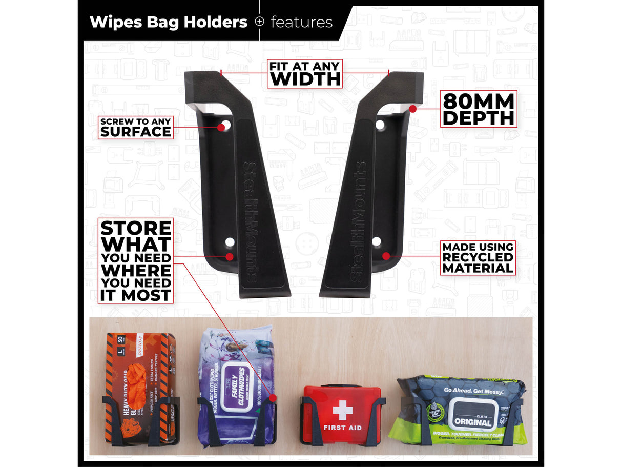 StealthMounts Wall Mount for Wet Wipes Bag Holder Pack of 2 Black