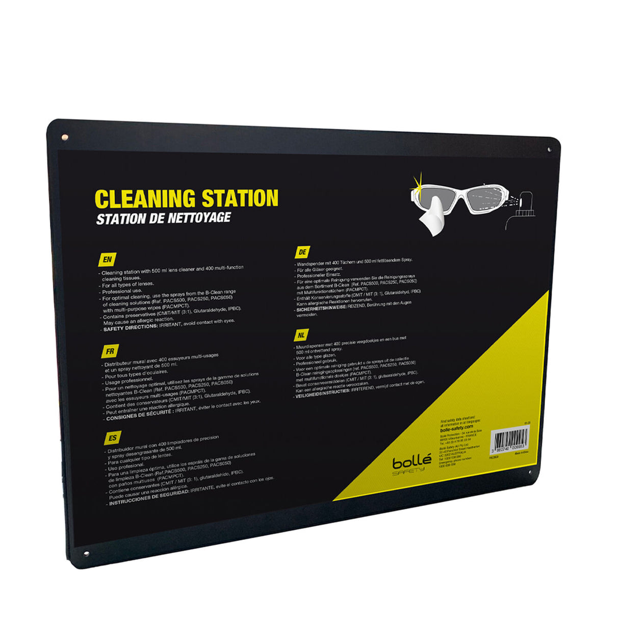 Bolle Safety Glasses Cleaning Station Wall Mounted with 500mL Lens Cleaner & Cleaning Tissues