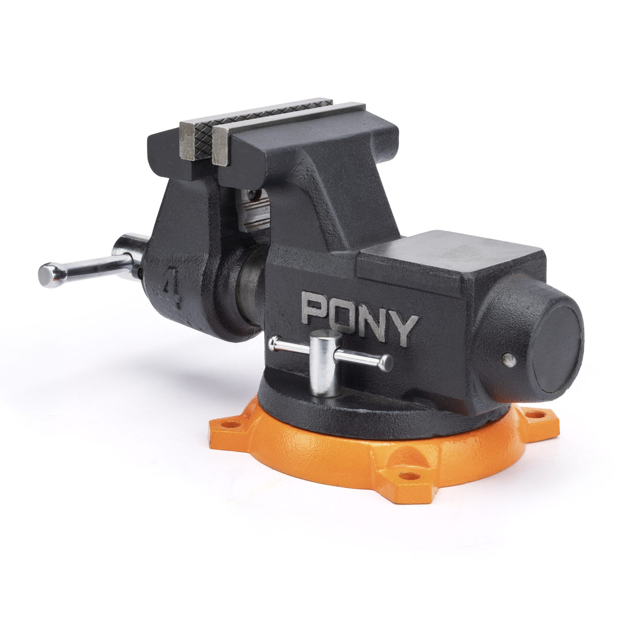 Black and orange pony vise on a white background