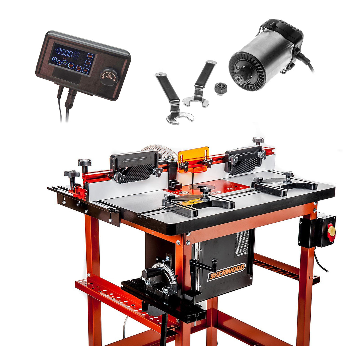 Sherwood Industrial Router Table Cast Iron Top with Motorised DRO Router Lift & Round Body Motor