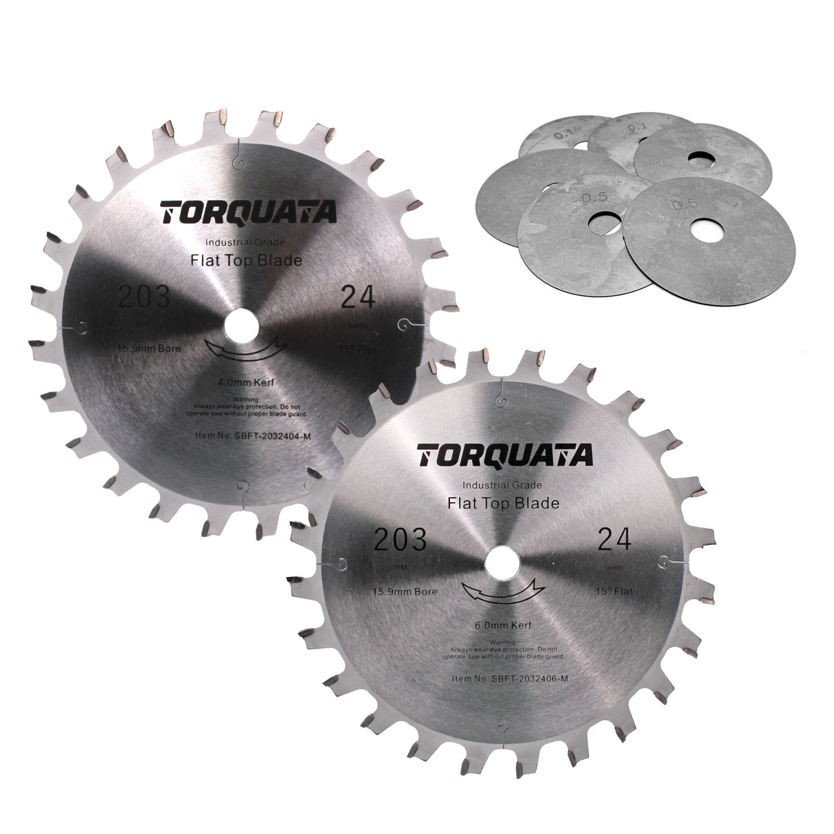 Torquata Set of 2 203mm Diameter 16mm Bore Flat-Top Saw Blades Plus Shims