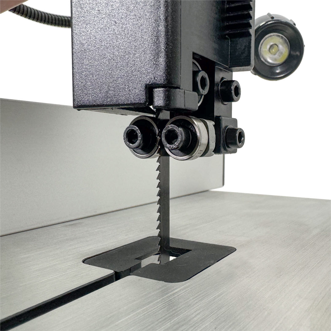 Sherwood 9in Benchtop Bandsaw 300W in use, showcasing precise cutting capability