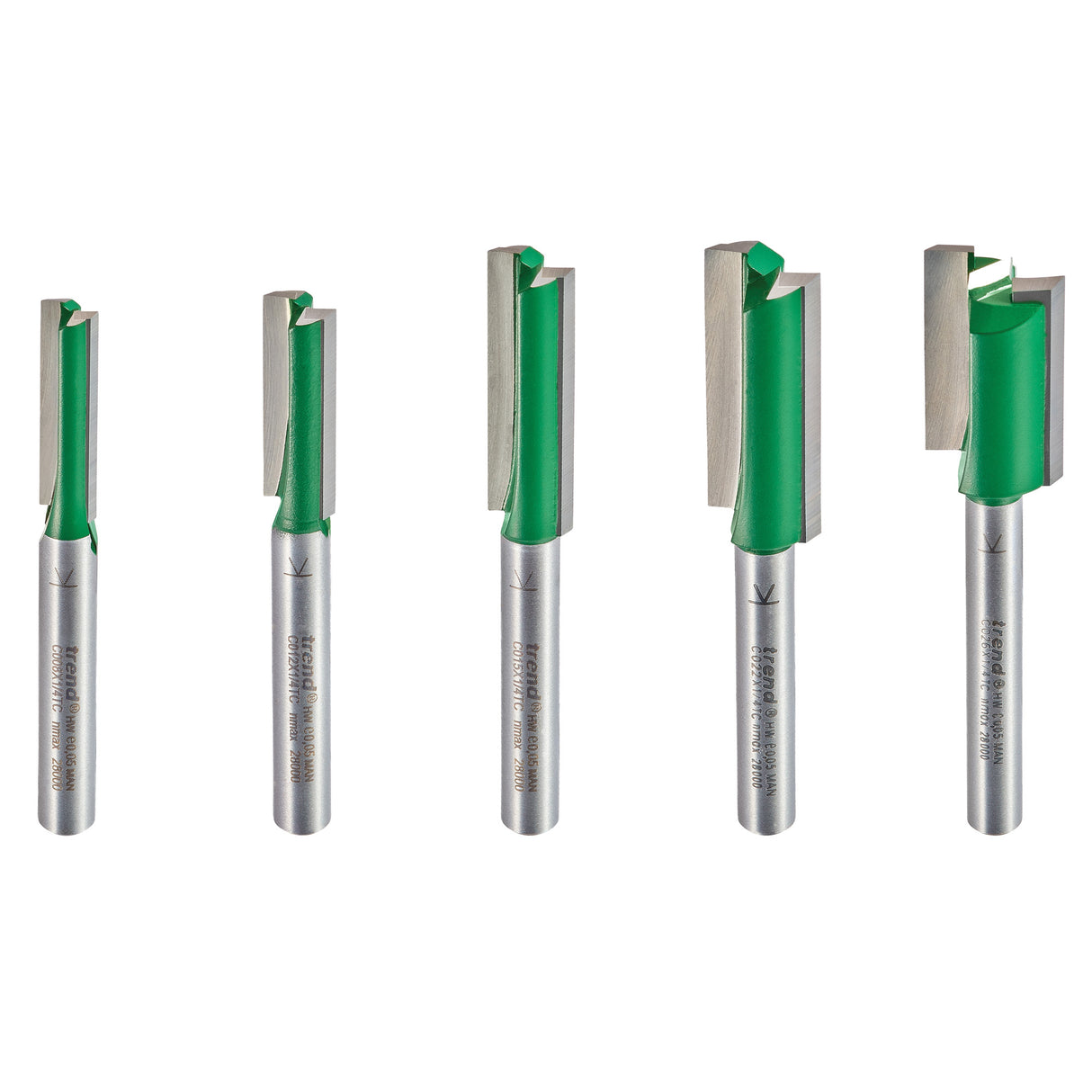 Trend CraftPro 1/4in Shank Straight Router Bits Set of 5 - Tungsten-Carbide Tipped Long-Reach Cutters for Mortise and Tenon Jig