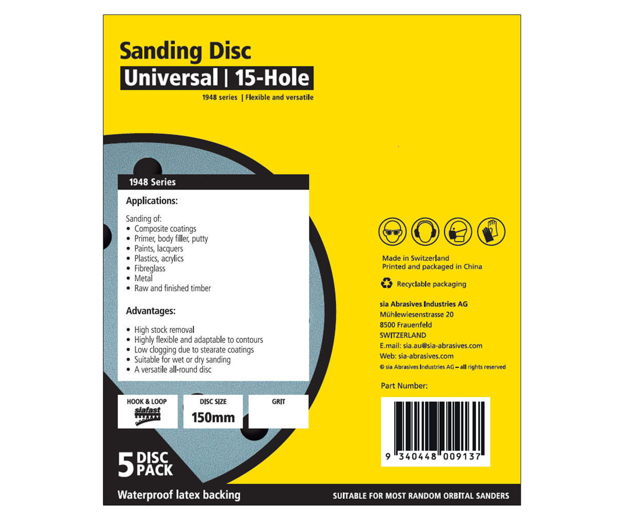 SIA Abrasives 1948 siaflex Sanding Disc 150mm 15-Hole Pack of 5