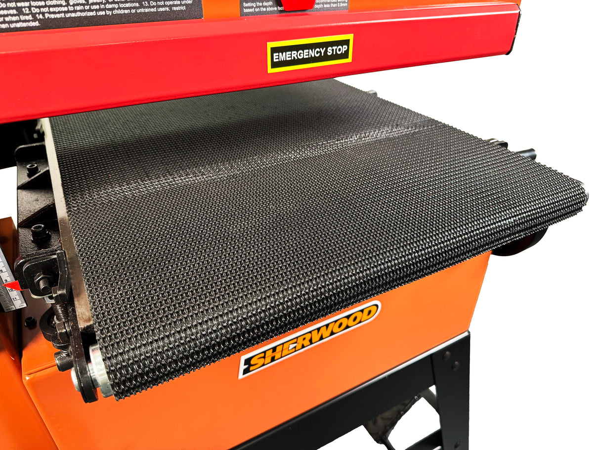 Sherwood 18in Wide Drum Sander on Open Mobility Stand - Side view showing sturdy construction and sanding drum detail