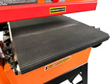Sherwood 18in Wide Drum Sander on Open Mobility Stand - Side view showing sturdy construction and sanding drum detail