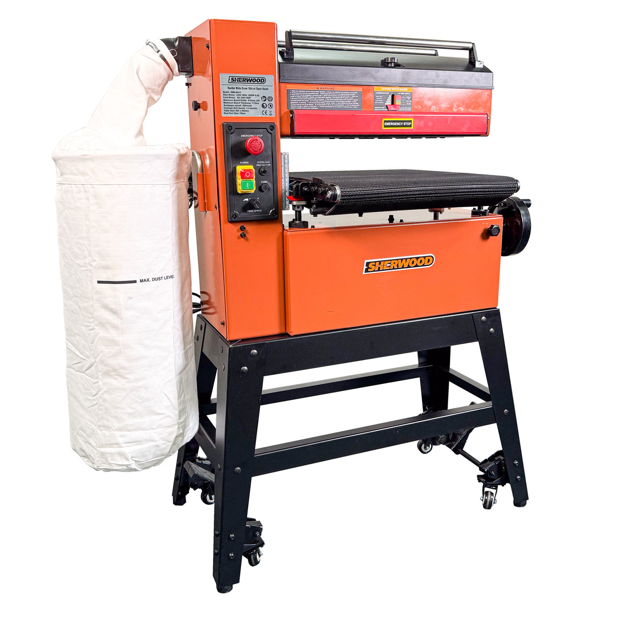Sherwood 18in Wide Drum Sander on Open Mobility Stand - Side view of powerful drum sander, ideal for precise sanding tasks