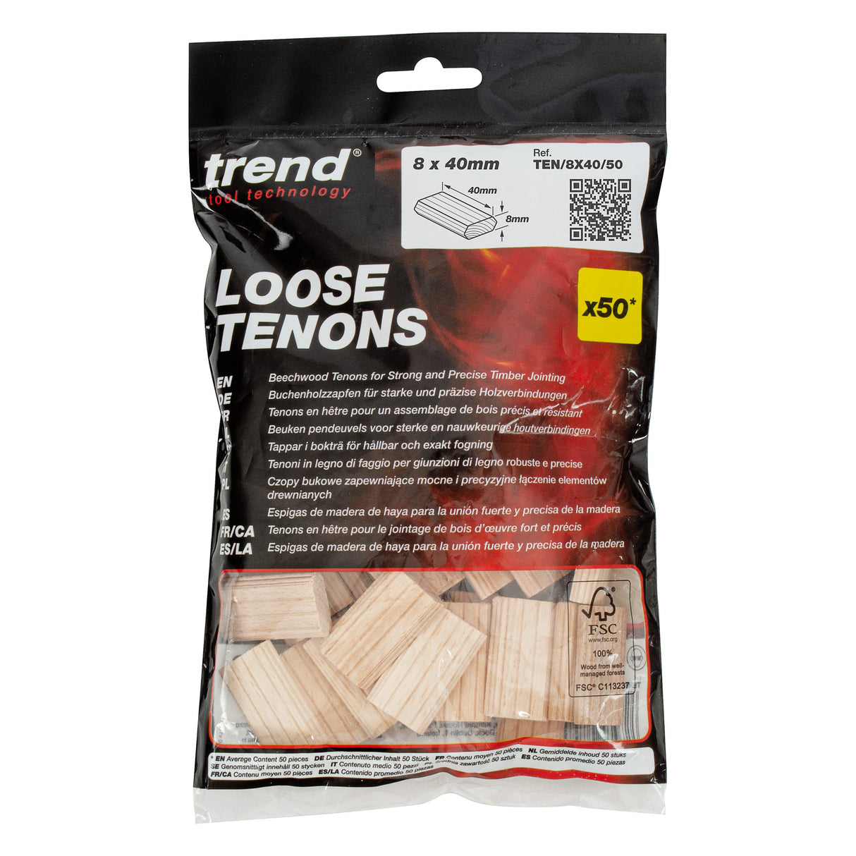 Trend 8 x 40mm Beechwood Loose Tenons Pack of 50
