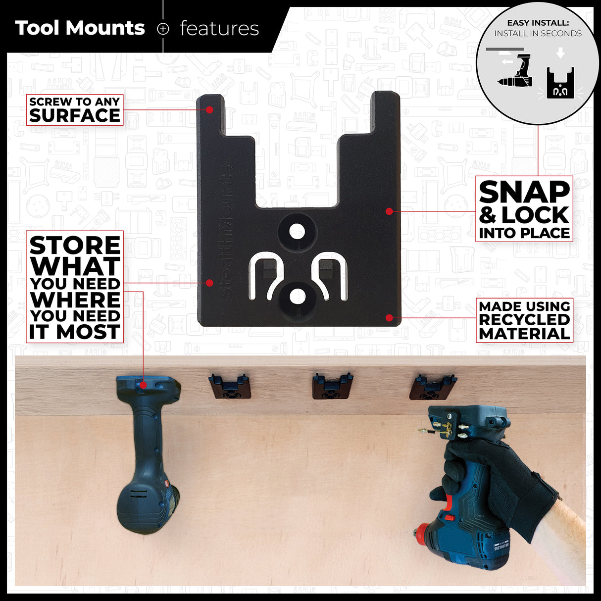 StealthMounts Tool Mounts for Bosch 18V Pack of 4 Black