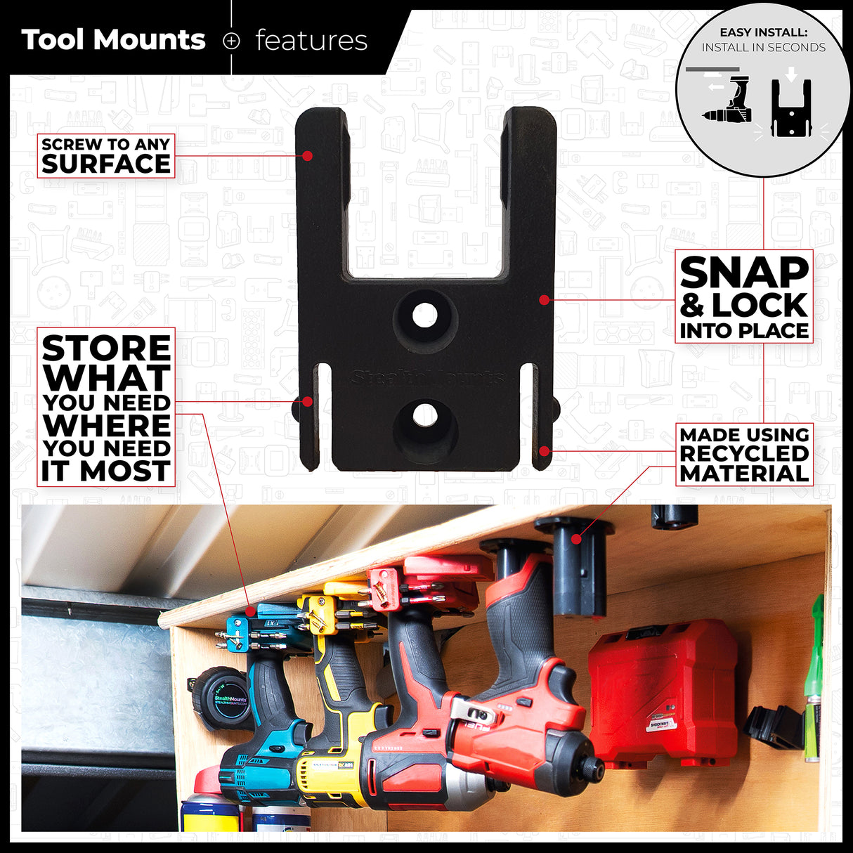 StealthMounts Tool Mount for Milwaukee M18 18V Pack of 4 Red