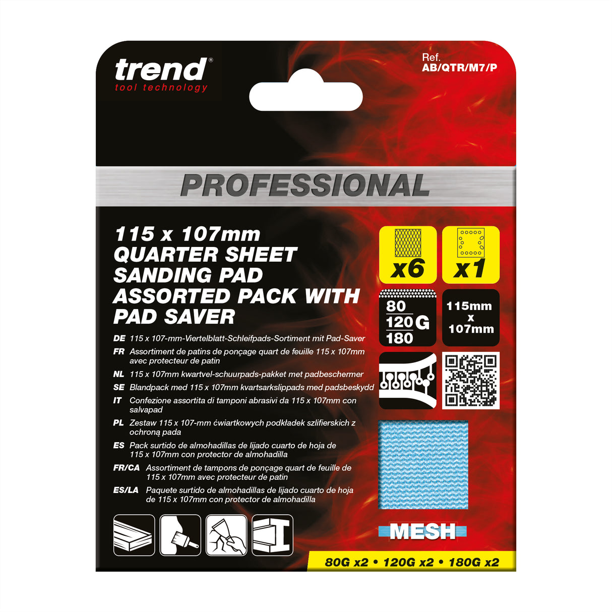 Trend Pro Mesh Quarter Sheet Sanding Pads with Pad Saver 115 x 107mm 80G/120G/180G Pack of 7