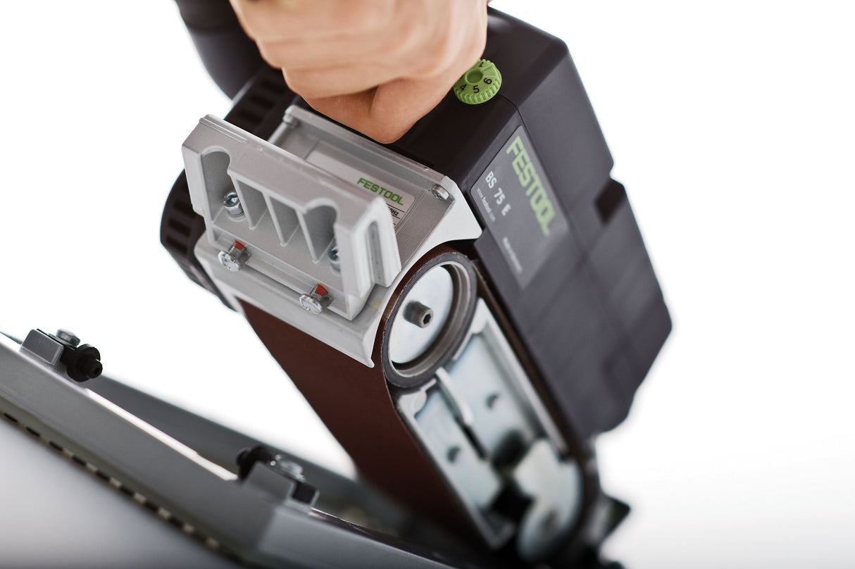Festool BS 75mm Belt Sander with Sanding Frame Set in use on timber, showcasing precise sanding technique
