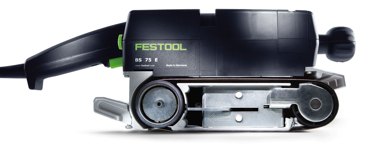 Festool BS 75mm Belt Sander in Systainer with Sanding Frame Set, angled view showing precision sanding capability
