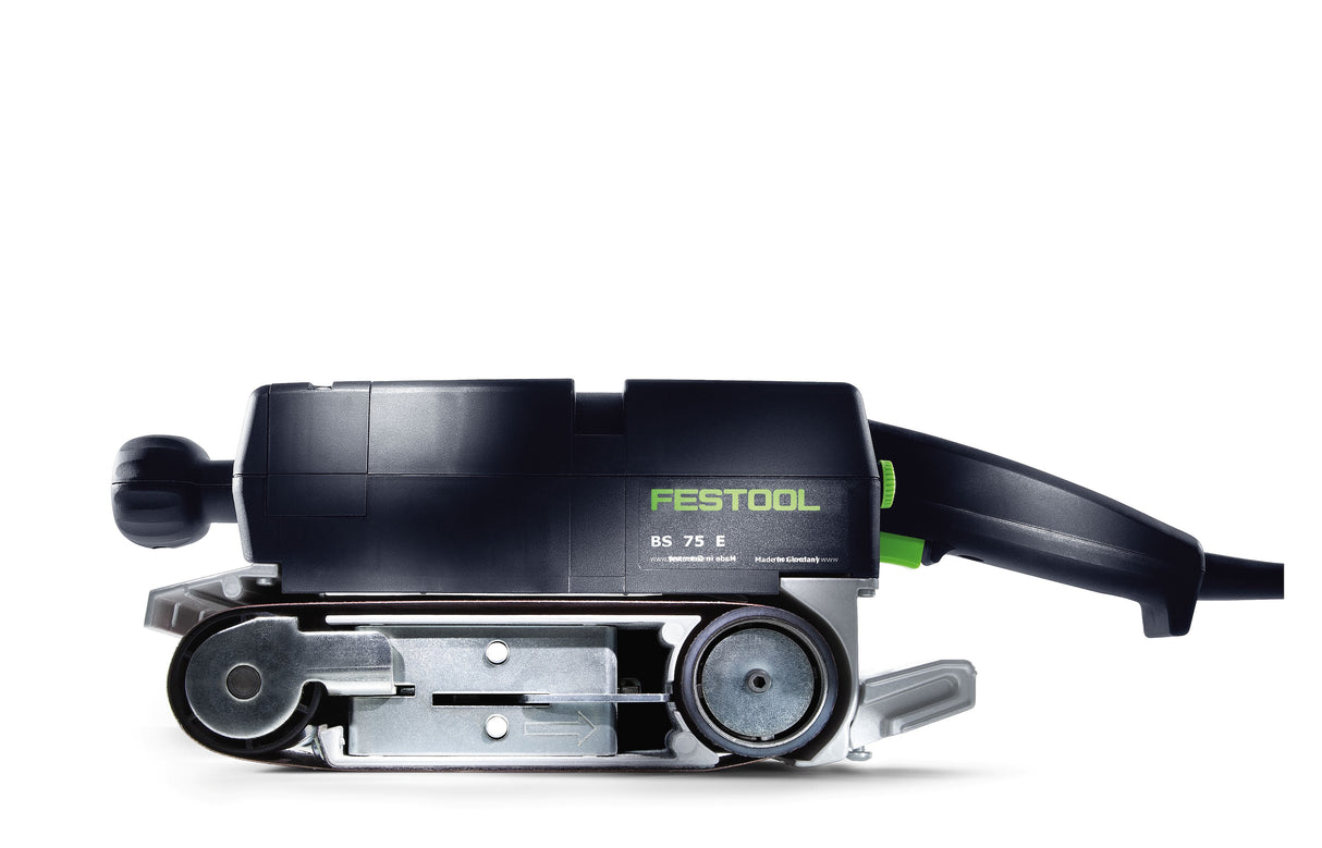 Festool BS 75mm Belt Sander in Systainer with Sanding Frame Set, showing the tool in use for precise sanding parallel to the grain