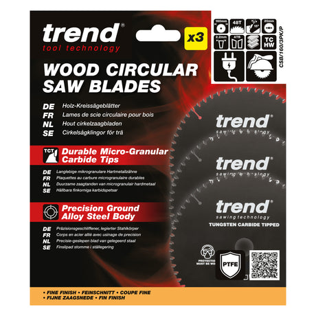 Trend 3-Piece 160mm x 20mm x 48T Wood Cordless Circular Saw Blade Set with PTFE Coating