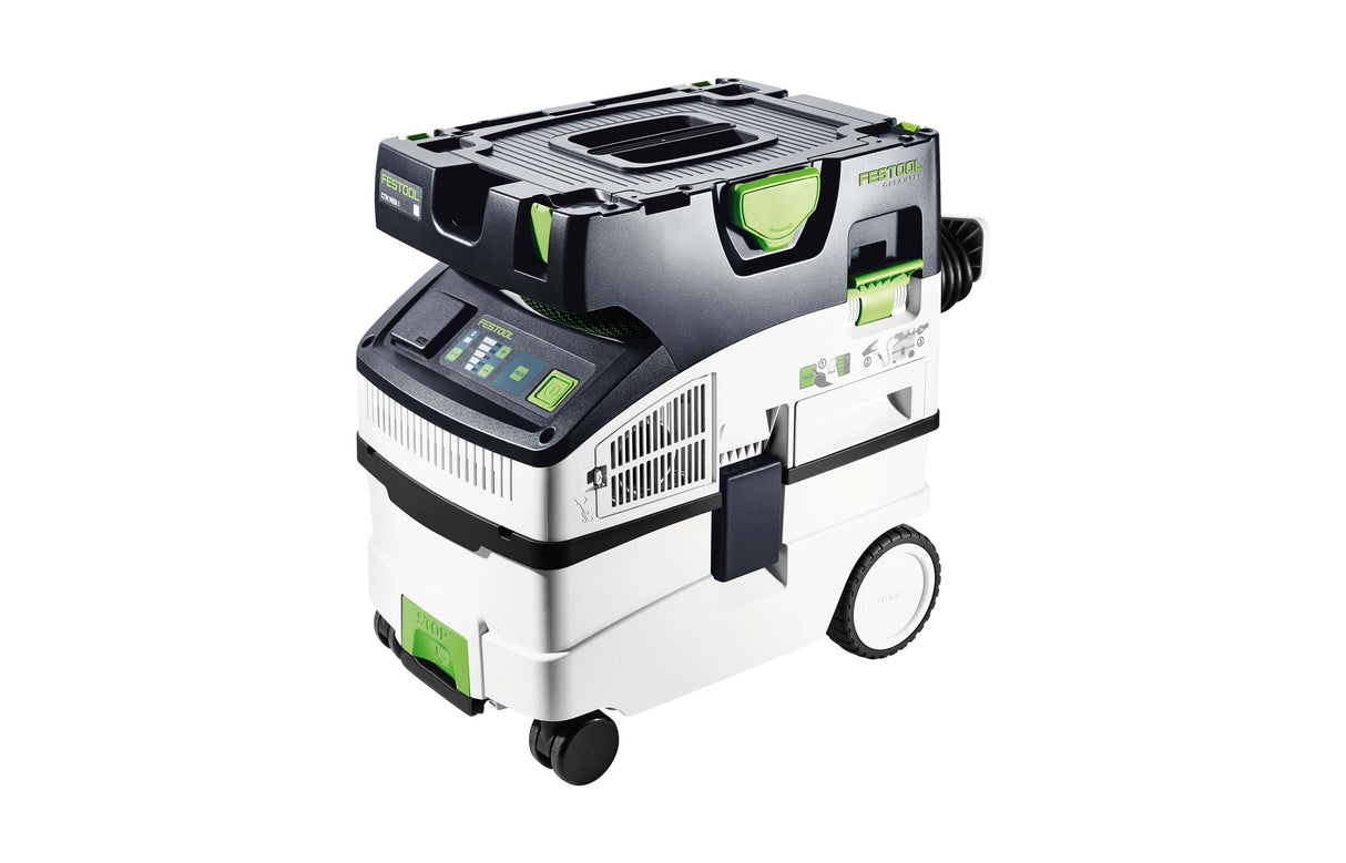 Compact Festool CTM MIDI-I 15L M Class Dust Extractor in action, with intuitive touch controls and level tool storage area