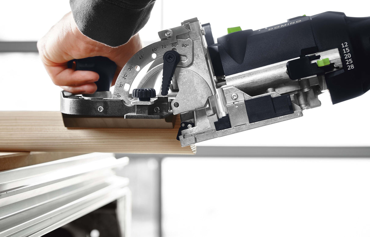 Festool DF 500 DOMINO Joining Machine in 100 Year Limited Edition Systainer Plus Cap, demonstrating panel joint application