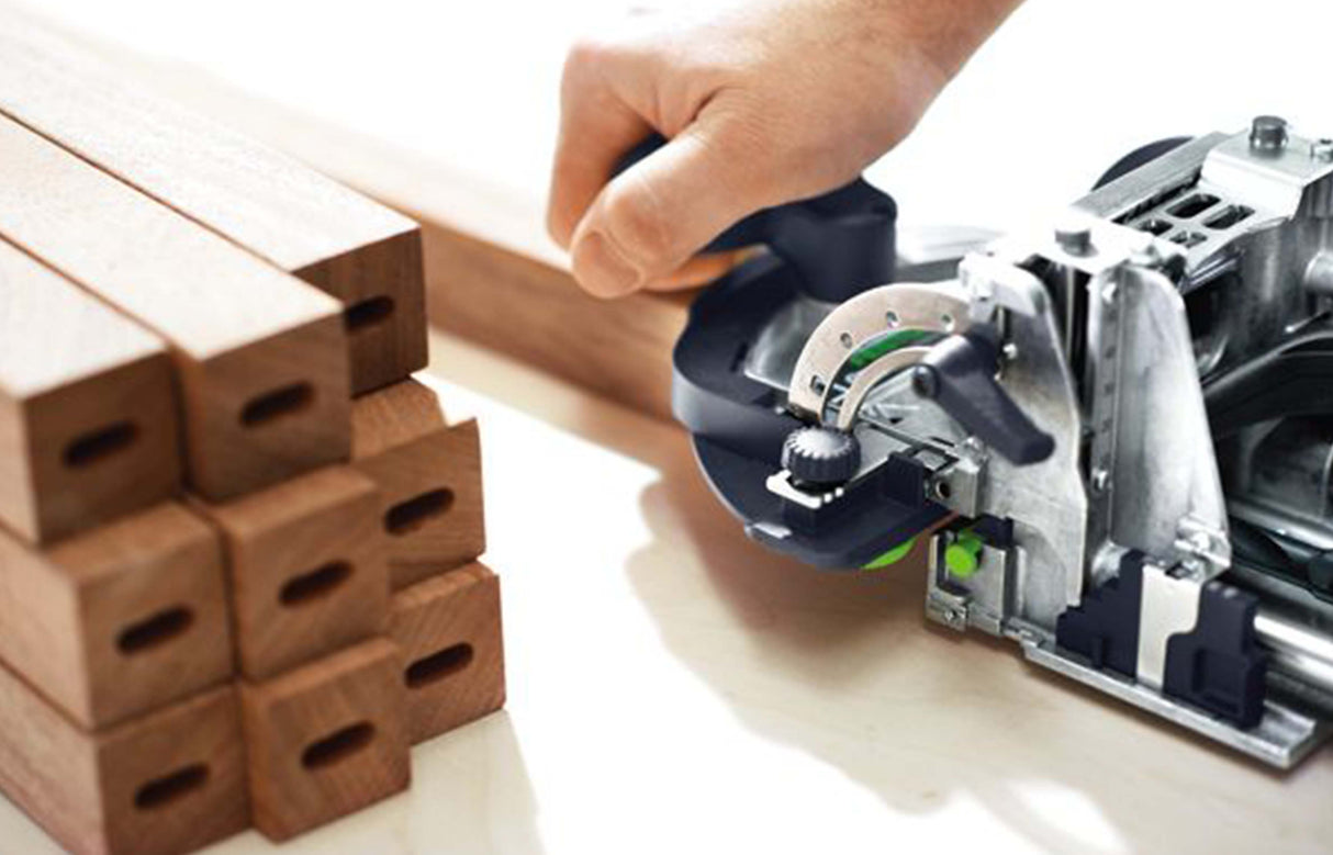 Festool DF 700 DOMINO Joining Machine in Systainer, demonstrating smooth and accurate dowel hole routing without scorch marks