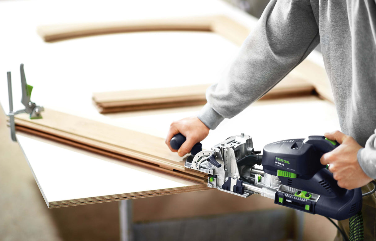Festool DF 700 DOMINO Joining Machine in Systainer, demonstrating smooth and precise dowel hole drilling with no scorch marks