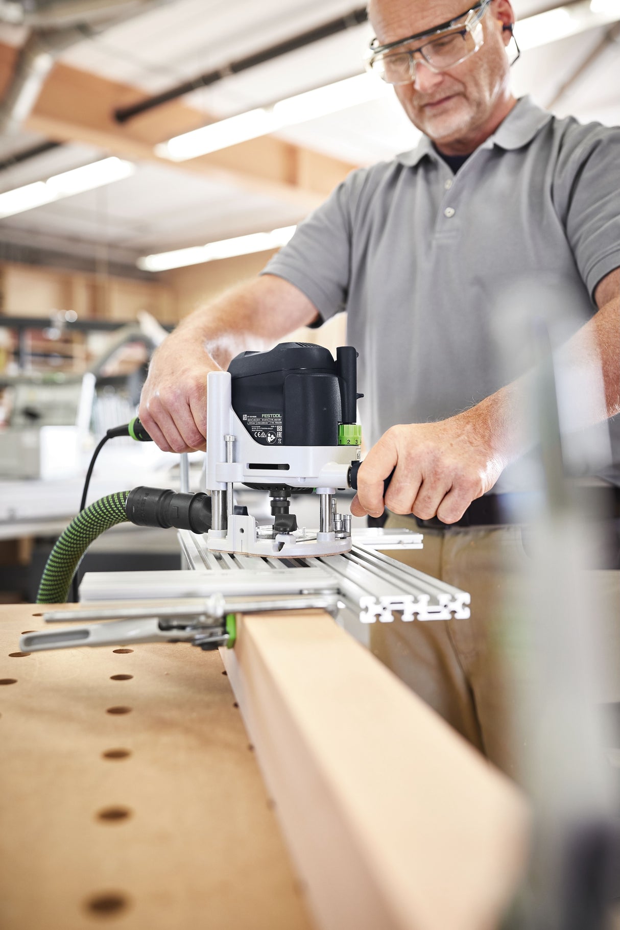 Festool OF 1010R Plunge Router with LED light ring in Systainer, angled view