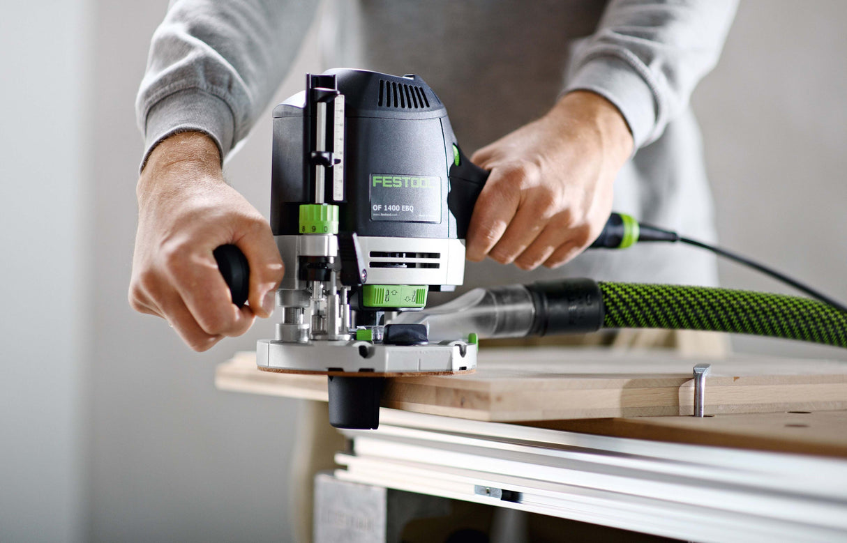 Festool OF 1400 70mm Plunge Router in Systainer working on precise wood routing task