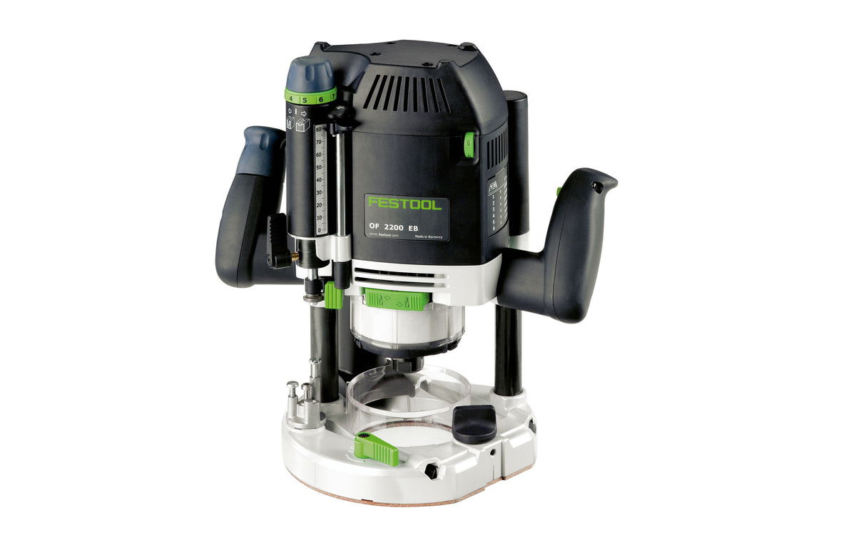 Festool OF 2200 Plunge Router in Systainer, showing side view with ergonomic design, ideal for heavy-duty woodworking projects