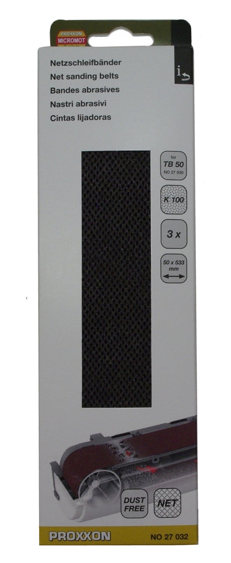 PROXXON 50mm Table Belt Sander replacement sanding belts by Mirka for effective dust extraction. Pack of three