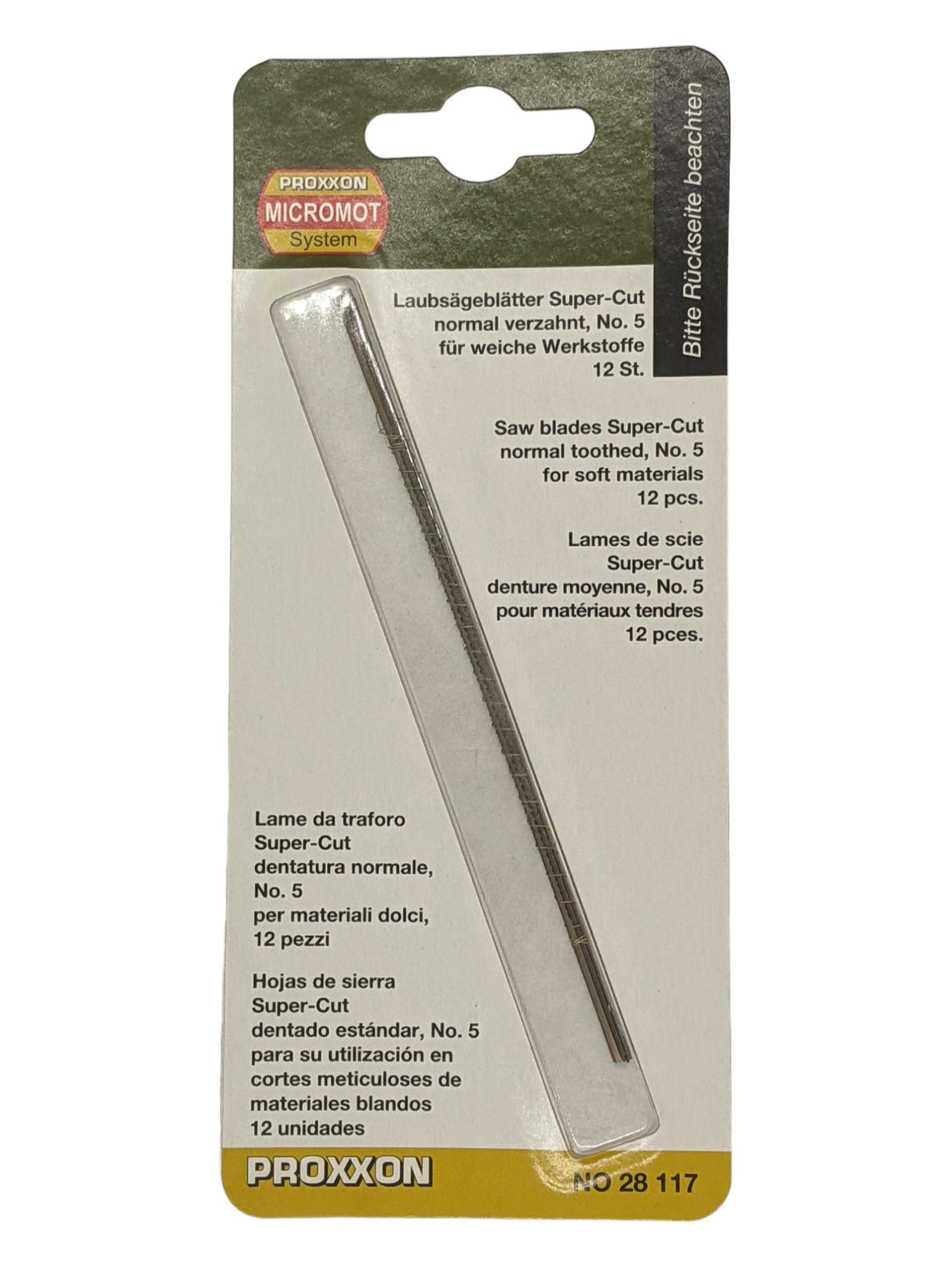 PROXXON Scroll Saw Blades Super-Cut 17 TPI Pack of 12 in packaging viewed from the front