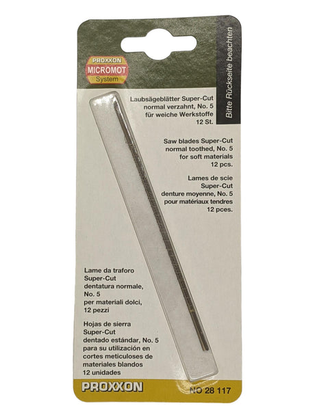 PROXXON Scroll Saw Blades Super-Cut 17 TPI Pack of 12 in packaging viewed from the front