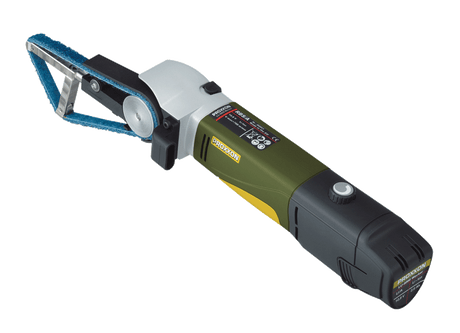 PROXXON MICROMOT RBS/A Tube Belt Sander Kit in use on curved wood piece