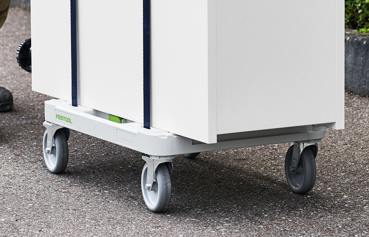 Festool Roll Board with 360° Rotating Wheels and Locking Brakes for Systainer3 and Systainer T-LOC Storage Boxes in Workshop Context