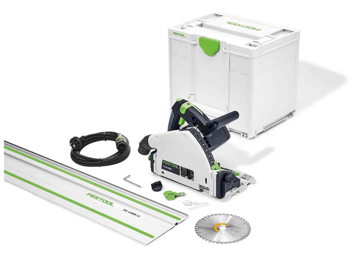 Festool TS 55F 160mm Plunge Cut Saw in Systainer with 1400mm Rail, showing improved cutting speed and precision