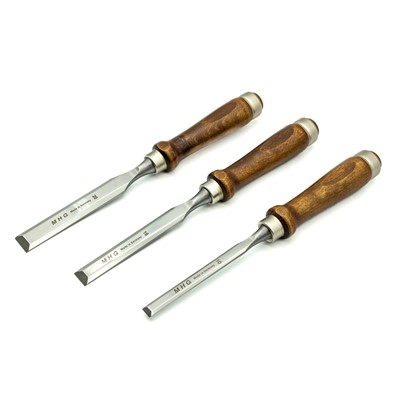 MHG Firmer Chisels Set of Three Polished Blades with Brown Hornbeam Handles