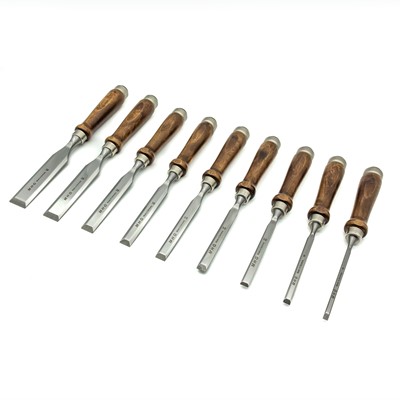 MHG Firmer Chisels Set of Nine Polished Blades Brown Hornbeam Handles