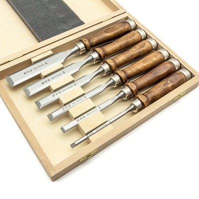 MHG Firmer Chisels Set of Six with Brown Hornbeam Handles in Presentation Case
